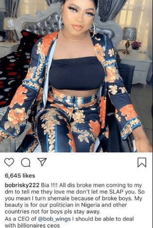'I didn't turn shemale because of broke boys, my beauty is for Nigerian politicians' - Bobrisky