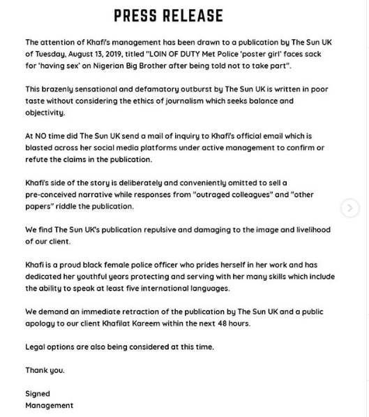 #BBNaija: Khafi's team threatens legal action against Sun UK newspaper