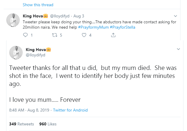 Nigerian man shares news of kidnapped mum's death, 7 days after launching search on Twitter
