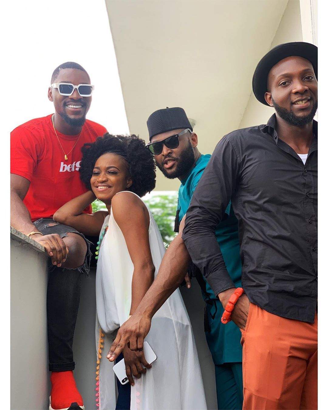 #BBNaija2019: Tobi Bakre hangs out with evicted housemates Nelson, Thelma & Tuoyo (photo)