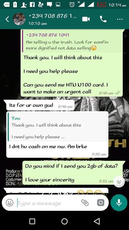 Young Nigerian guy shares chat with slay queen who shamed his hustle and at the same tried to benefit from it (Screenshots)