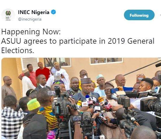 INEC chairman confirms that ASUU has agreed to participate in 2019 General Elections