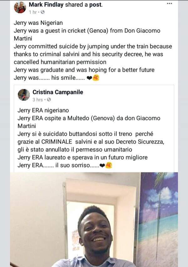Nigerian migrant commits suicide in Italy by jumping under train after his request for residency permit was rejected