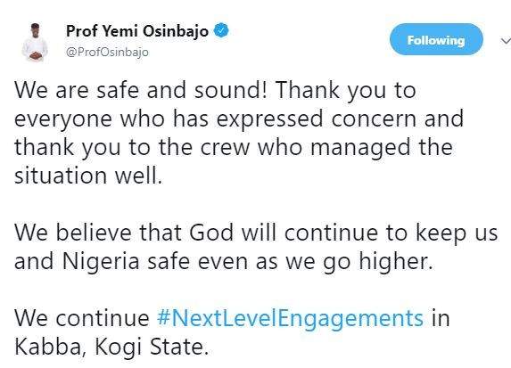 'We are safe and sound' - VP Osinbajo tweets after surviving helicopter crash