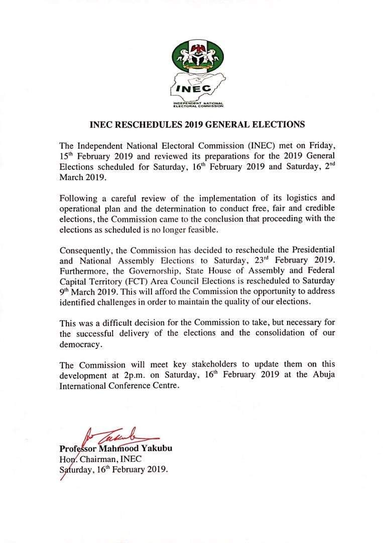 BREAKING: INEC postpones 2019 Elections