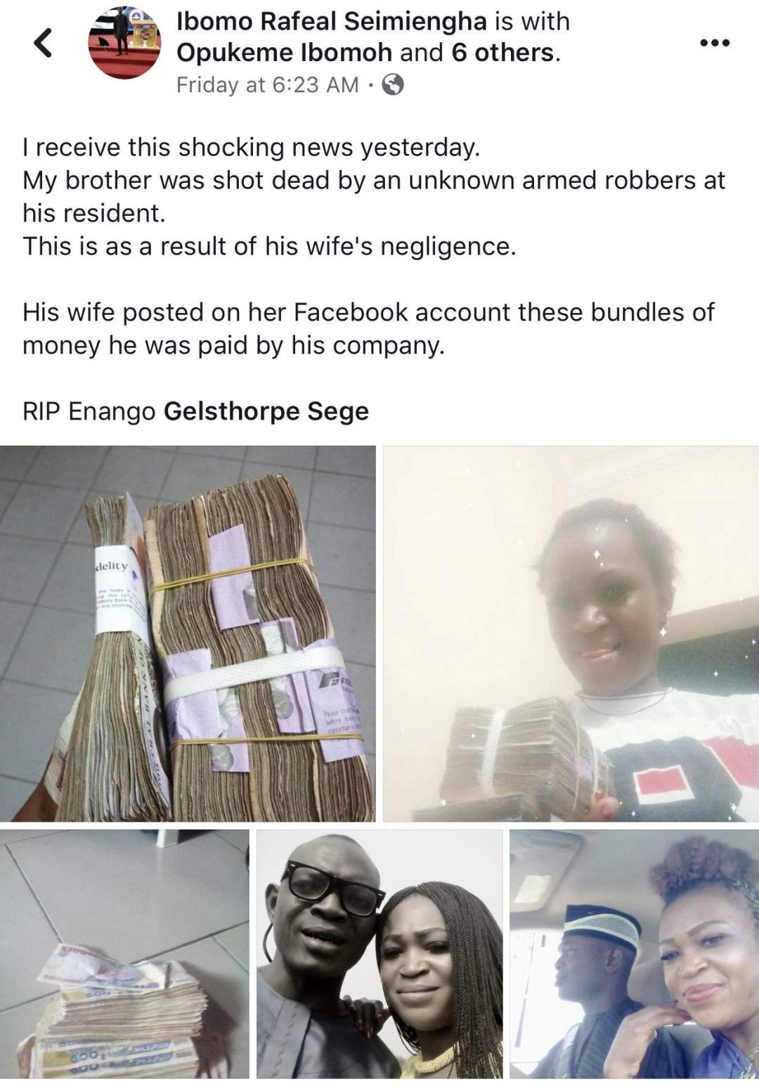 Nigerian man shot dead by armed robbers after his non-cautious wife flaunted cash on Facebook