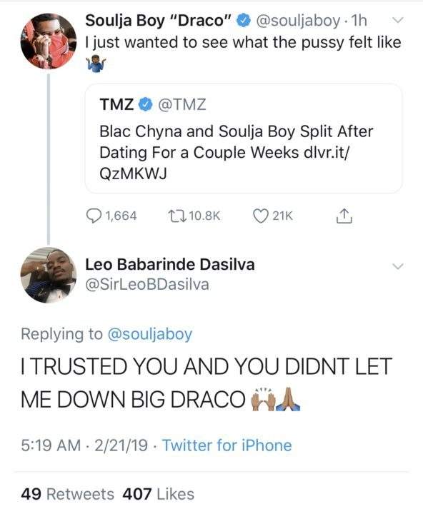 BBNaija's Leo Dasilva hails Soulja Boy following split with Blac Chyna