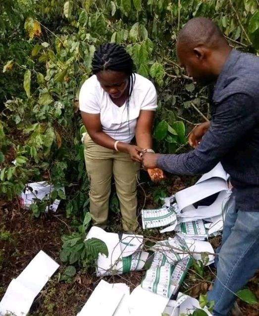 #NigeriaDecides : Female Corps member allegedly caught in the bush destroying ballot papers in Imo