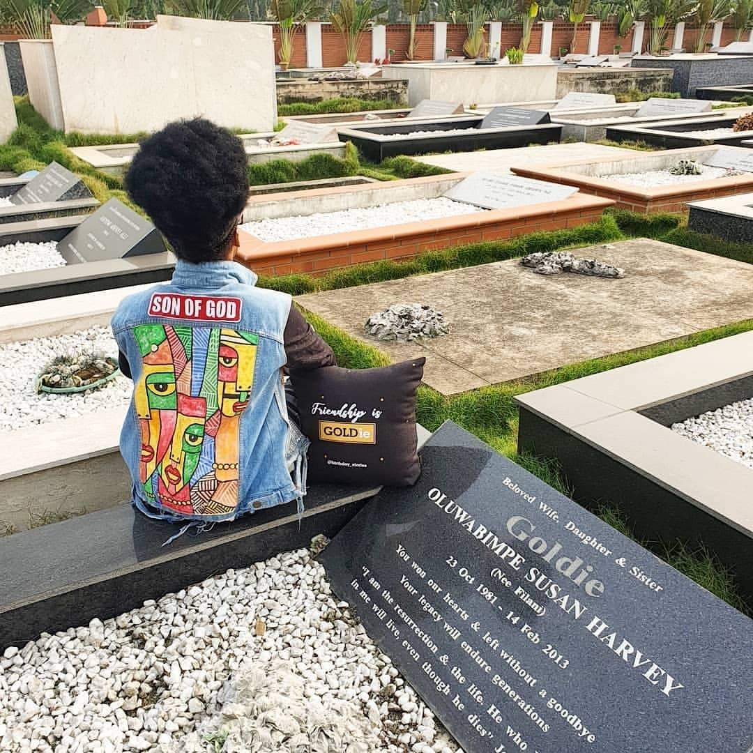 Denrele visits Goldie's graveside, pays emotional tribute to her (Photos)