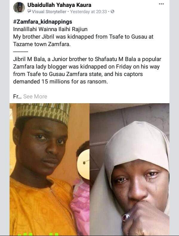 Zamfara blogger sheds tears as she begs kidnappers to collect N1m and release her younger brother but they insist on N15m (Photos)