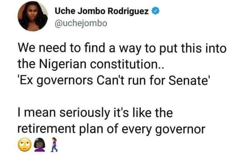 Uche Jombo calls for law against governors using the senate as retirement home