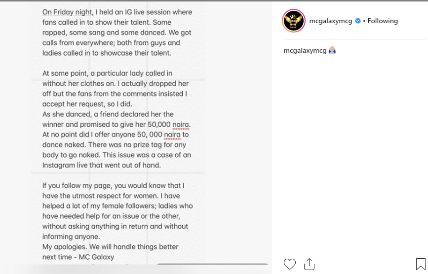 MC Galaxy denies asking girls to go nude on Instagram live for 50k