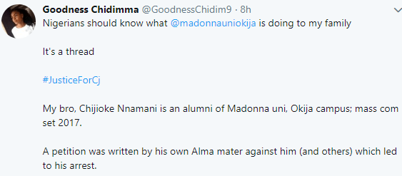 Lady accuses Madonna University authorities of getting her brother arrested over a Facebook post