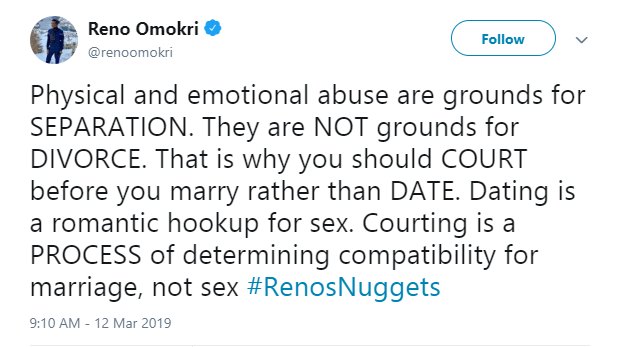 Physical and Emotional abuse are not grounds for divorce - Reno Omokri