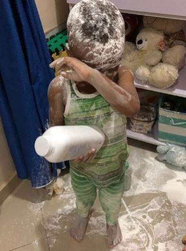 Tonto Dikeh reacts after her son smeared baby powder all over the house