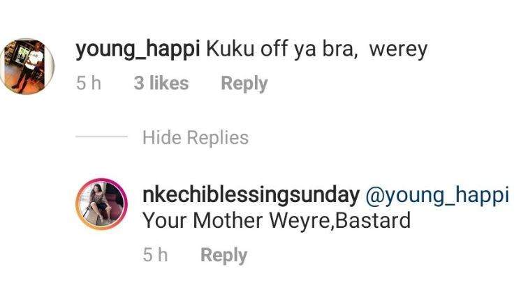 Between Nkechi Blessing and a fan who called her out for posing in just her bra (Photo)