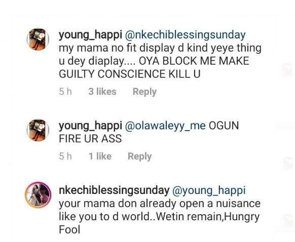 Between Nkechi Blessing and a fan who called her out for posing in just her bra (Photo)