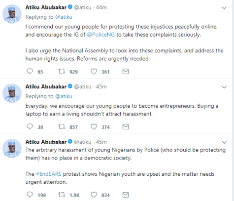 #EndSARS: 'Buying Laptop To Earn A Living Shouldn't Attract Harassment'- Atiku Speaks Out Against Sars