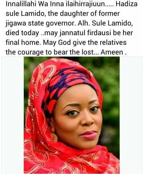 Sad!! Daughter Of former governor of Jigawa state, Hadiza Lamido dies at 38
