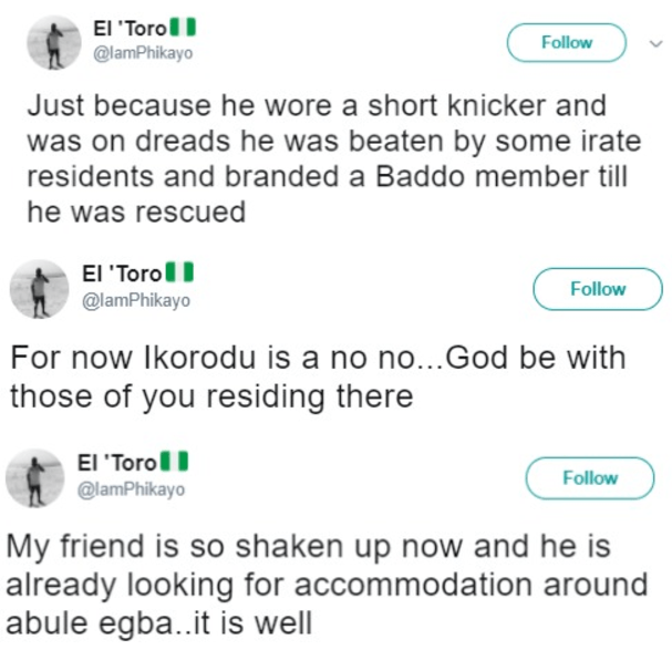 Avoid Ikorodu if you are on dreads, you will be tagged a baddo member - Twitter user warns