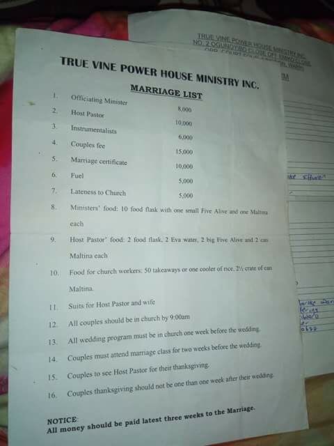 'Must buy suits for host pastor' - See Hilarious List Given to A Bride and Groom by a Nigerian Church
