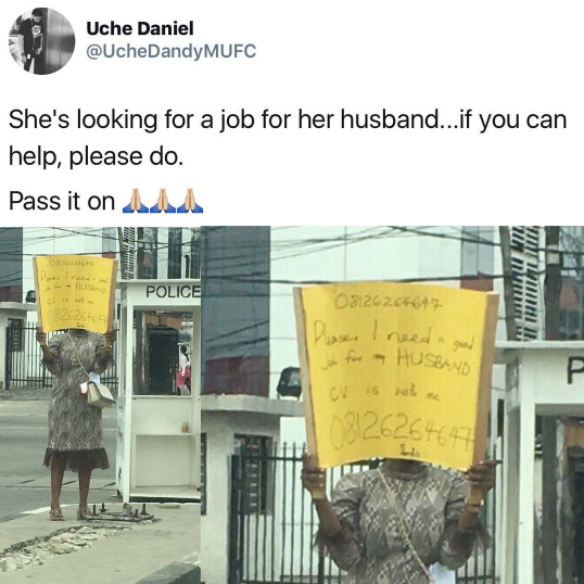 Woman takes to the street with placard to help her husband get a job