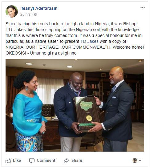 'Bishop TD Jakes Is A Nigerian' - Wife Of Senior Pastor of House On The Rock Church Reveals