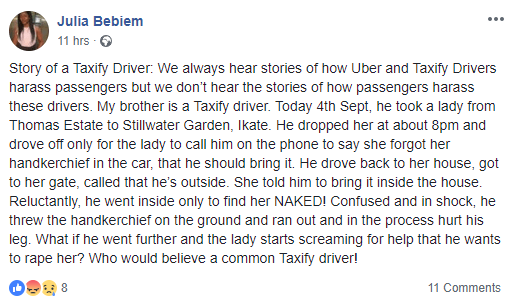 Lady narrates how her brother who is a Taxify Driver was harassed by a passenger
