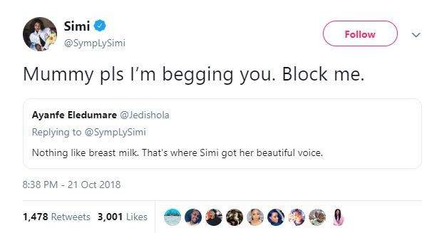 Simi begs her mum to block her on Twitter
