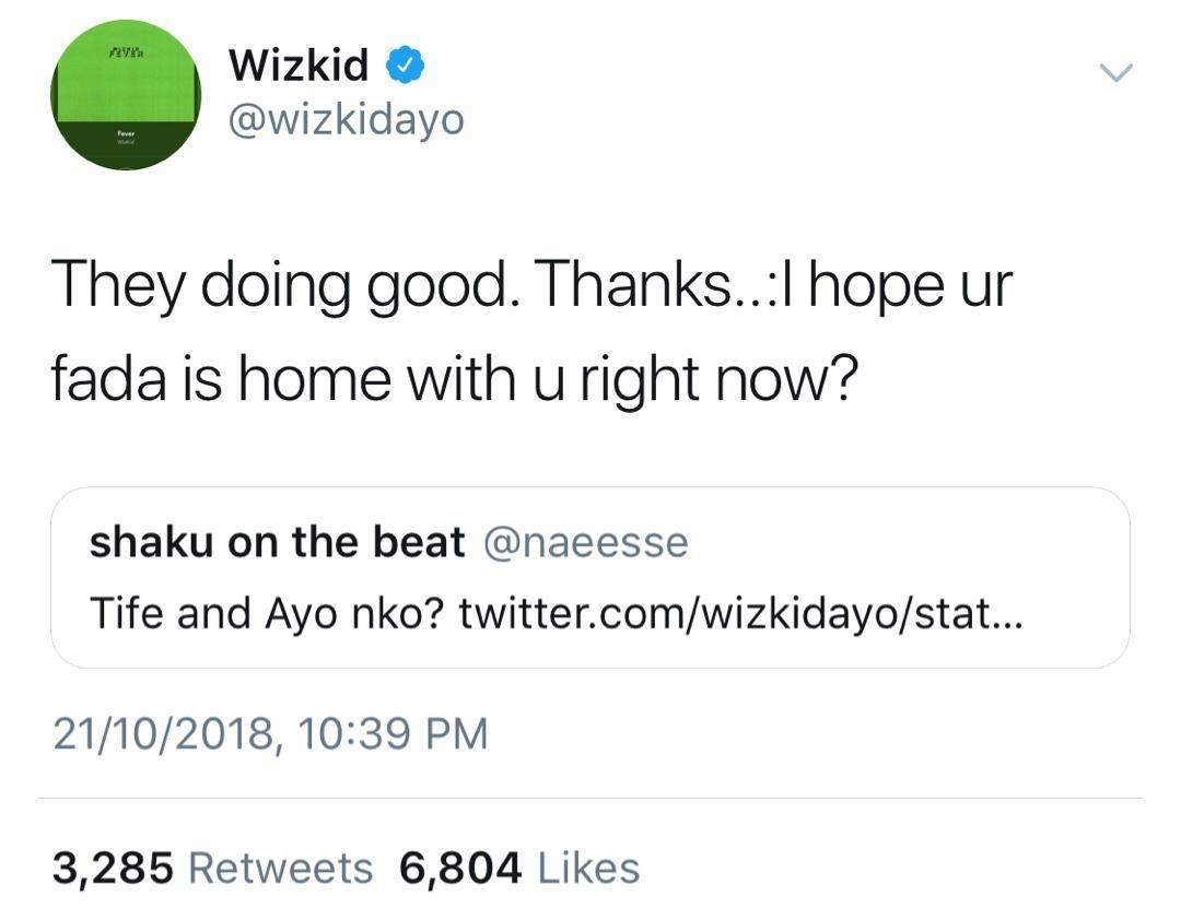 Wizkid Claps back at fan who asked about his two sons, Boluwatife and Ayo