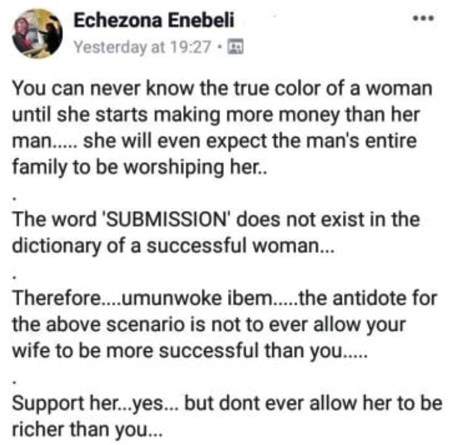 Don't allow your Wife to be richer than you - Nigerian man advises Men