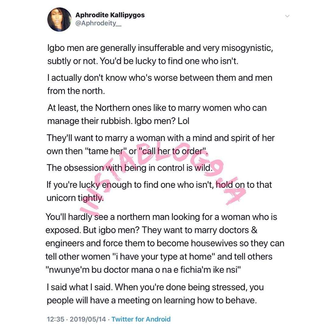 Igbo men are generally insufferable and Misogynistic - Nigerian Lady writes