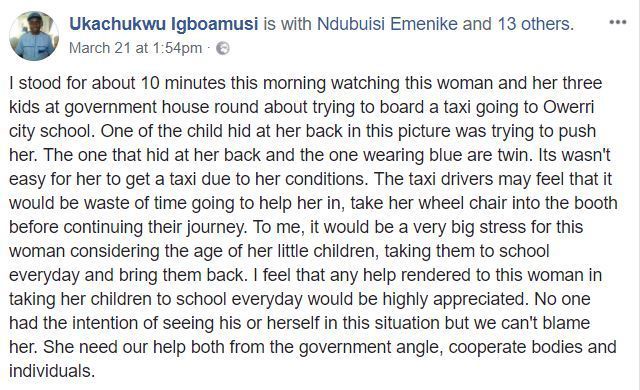 Emotional Photo Of Physically-Challenged Nigerian Mother Taking Her 3 Kids To School