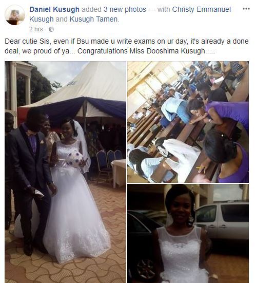 Exclusive: 300 Level student spotted writing her Exams with her bridesmaid on her wedding day in Benue (photos)