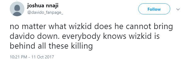 'Wizkid Will Know No Peace Until He Confesses How He Killed Tagbo' - Davido's Die Hard Fan Says On Twitter.