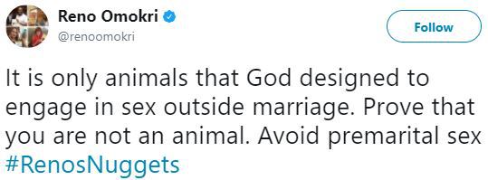 'Only Animals Engage In Premarital S£x' - Reno Omokri.