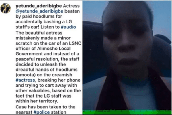 Thugs Allegedly Beat Actress, Yetunde Aderibigbe For Bashing Local Government Staff's Car