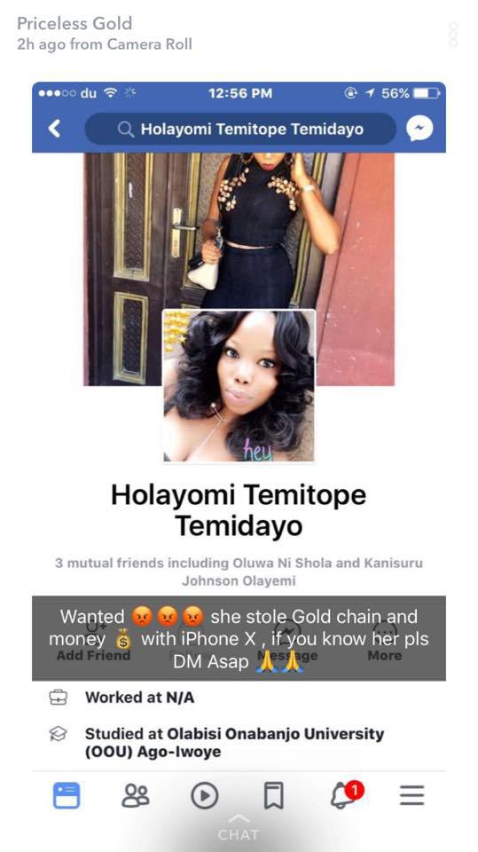 Nigerian Big Girl calls out Lady who stole her brand new iPhone X, Gold chain of N1.5m and her friends N3m in Dubai