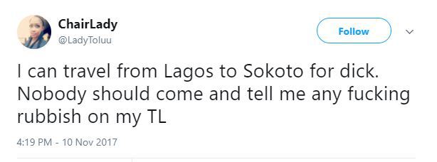 'I can travel from Lagos to Sokoto for d-ck' - Pretty Nigerian Lady reveals
