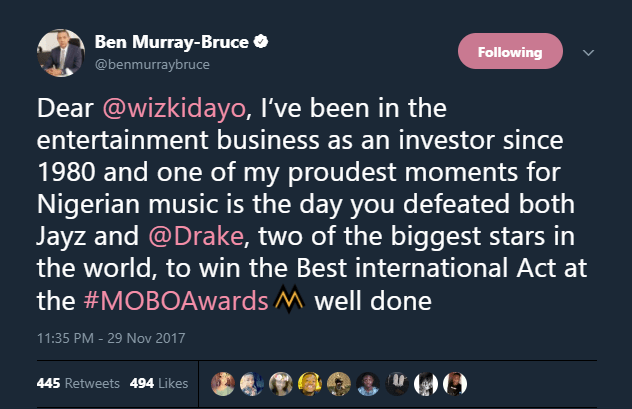 Ben Murray Bruce Reacts To Wizkid's MOBO Award International Win