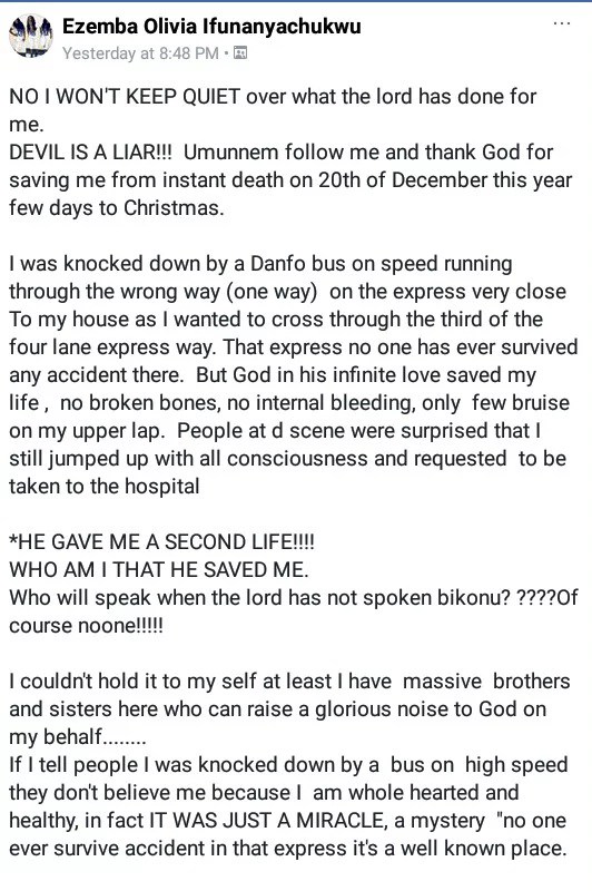 'He Gave me a second Life' - Lady knocked down by speeding Danfo bus on the highway, shares her testimony