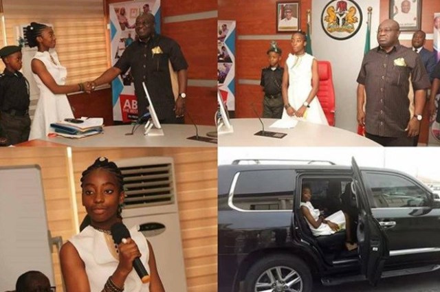 14 Year Old Joy Ezechikamnayo begins duty as Abia State governor along with her team & security (photos)