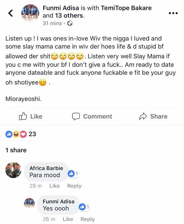 Nigerian Lady angry she lost her boyfriend to a slay queen, says she's retaliating by sleeping with people's boyfriends.