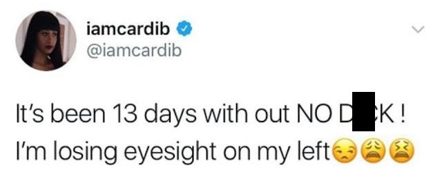 Rapper, Cardi B cries out after not having s£x for 13 days, says she's loosing her vision