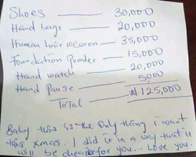 Nigerian Cries Out Over N125,000 Christmas List Given To Him by His Girlfriend.