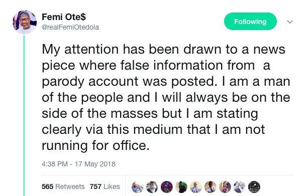 'I am stating clearly via this medium that I'm not running for office' - Femi Otedola