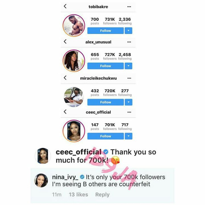 Nina shades other Ex-BBN housemates as Cee-C hits 700k followers on IG