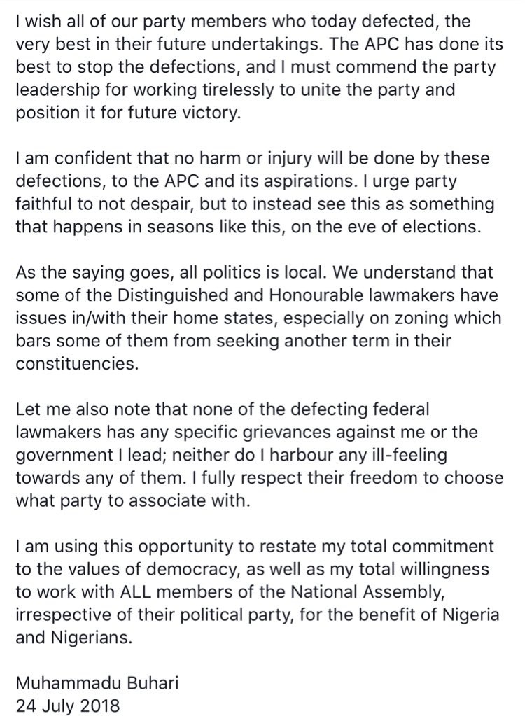 President Buhari reacts as APC National Assembly members decamp to PDP, ADC