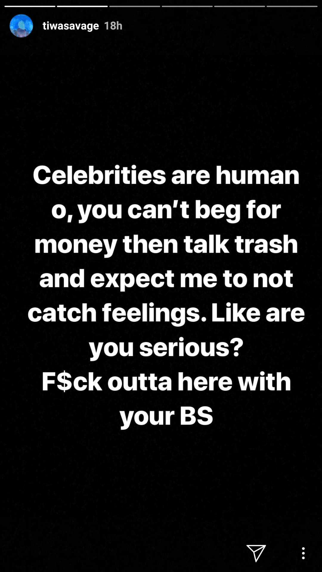 'F**K outta here with your BS' - Tiwa Savage blasts Instagram beggars