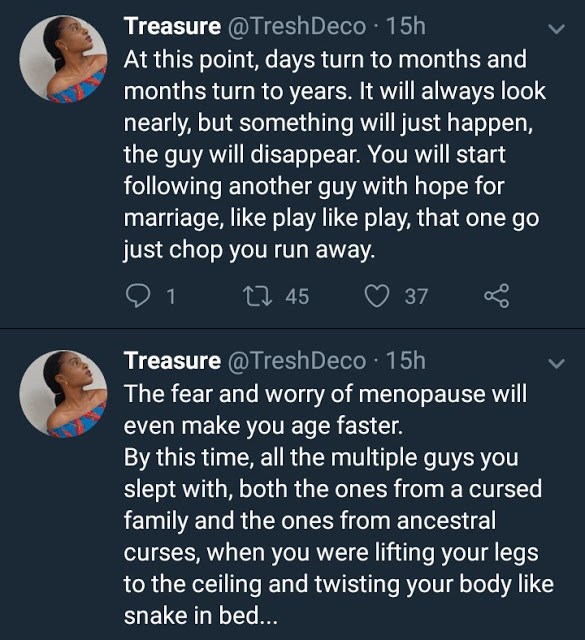 Nigerian lady stirs controversy with her tweets about women who 'waste' their 20s and get desperate for marriage later on